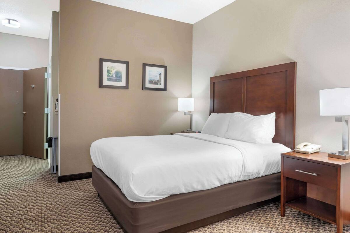 Un cuarto de hotel con una cama grande, una mesita de noche de madera con una lámpara y dos cuadros en la pared.