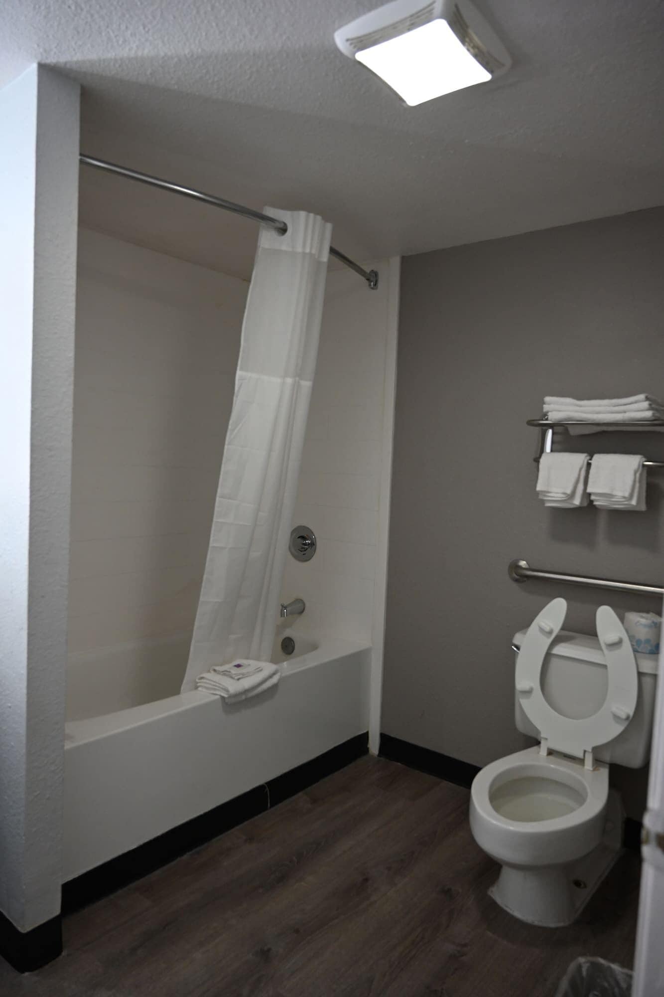 A bathroom with a shower, toilet, and towel rack.