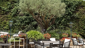 Un espacio al aire libre con mesas y sillas, rodeado de abundante vegetación y un gran árbol.