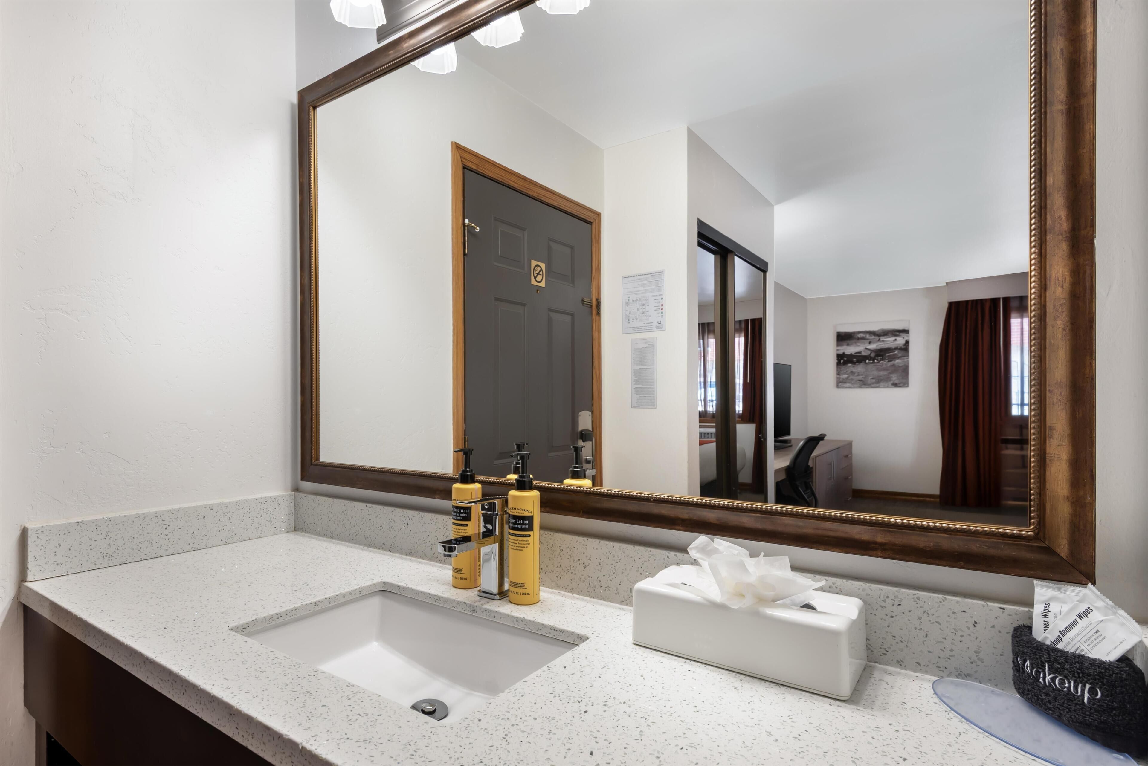 A bathroom with a large mirror, a sink, and toiletries.