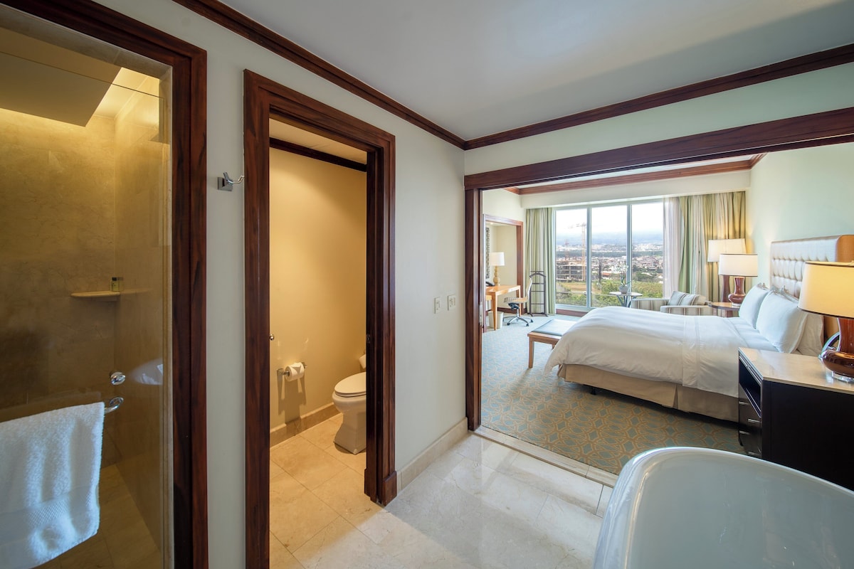 A hotel room with a large bed, a desk, and a view of the city.