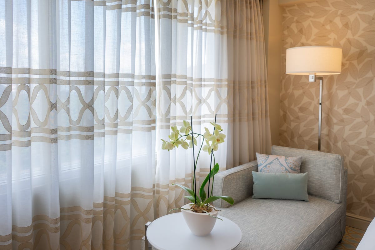 A room with a sofa, a small round table, and a potted orchid.
