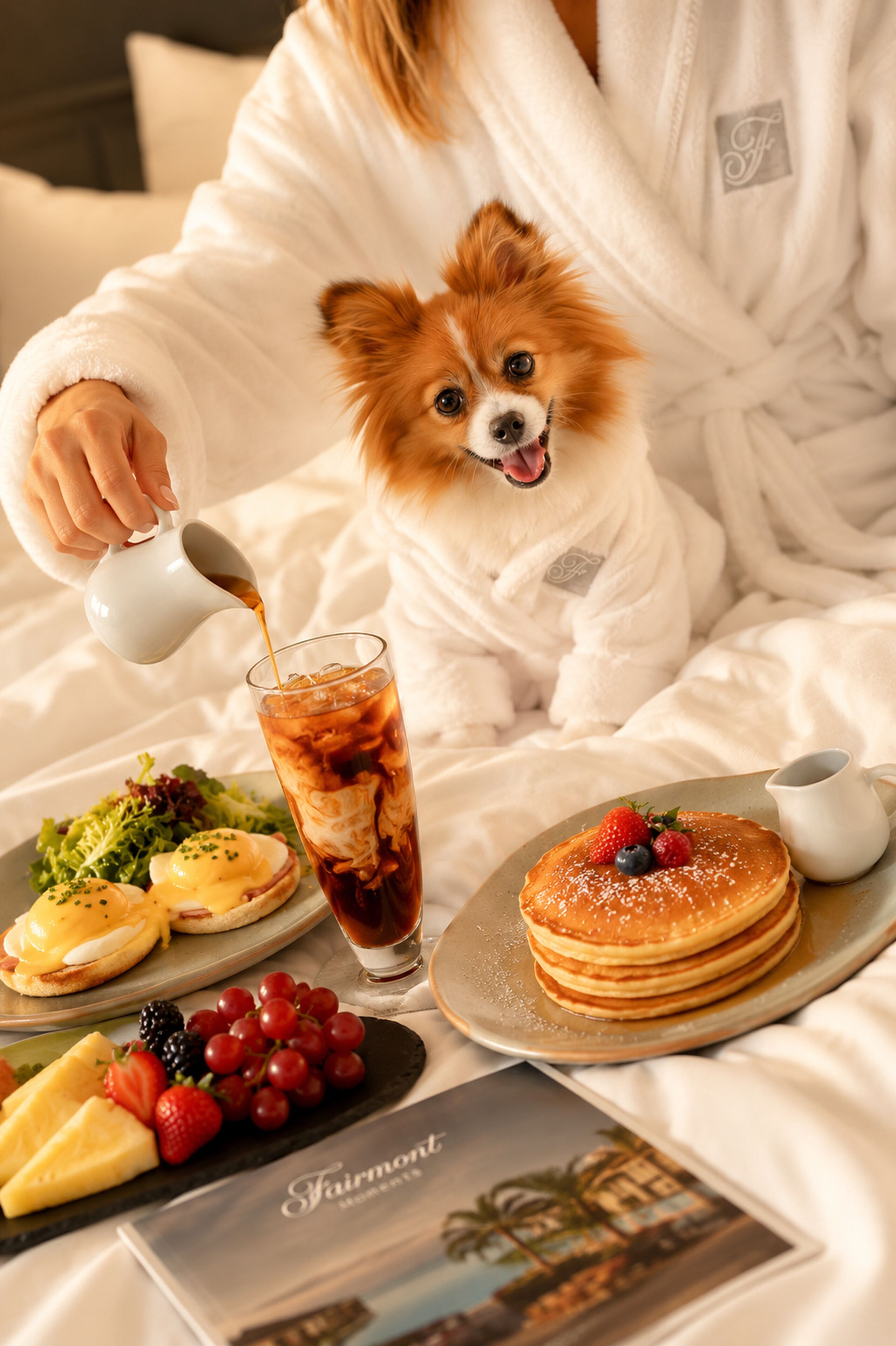 A person in a robe pouring a beverage into a glass, with a plate of pancakes and a bowl of fruit in the foreground.