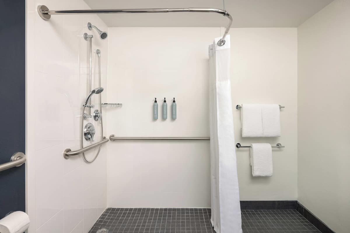 Combined shower/tub, free toiletries, hair dryer, towels