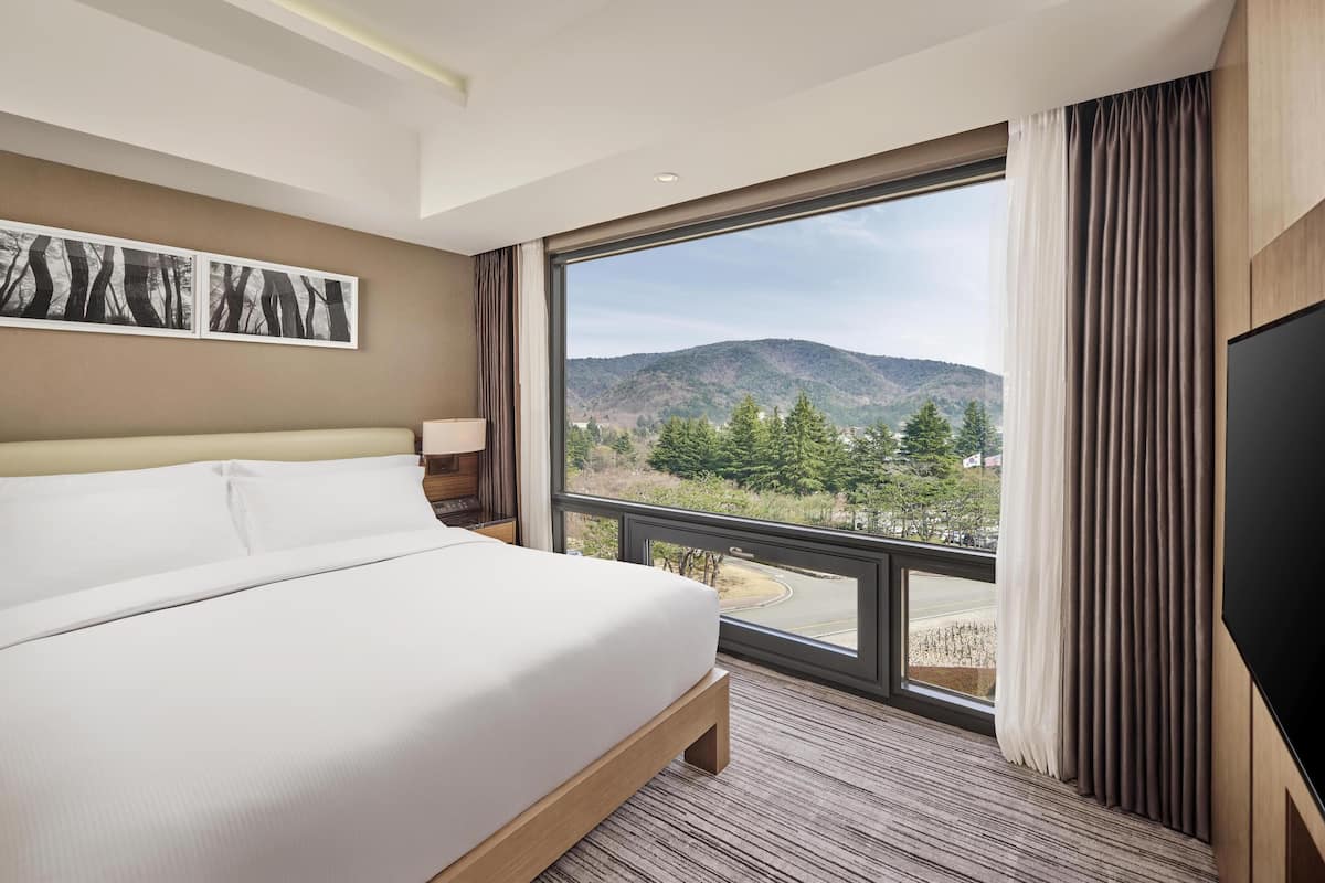 A hotel room with a large bed, a TV, a window with a mountain view, and a painting on the wall.