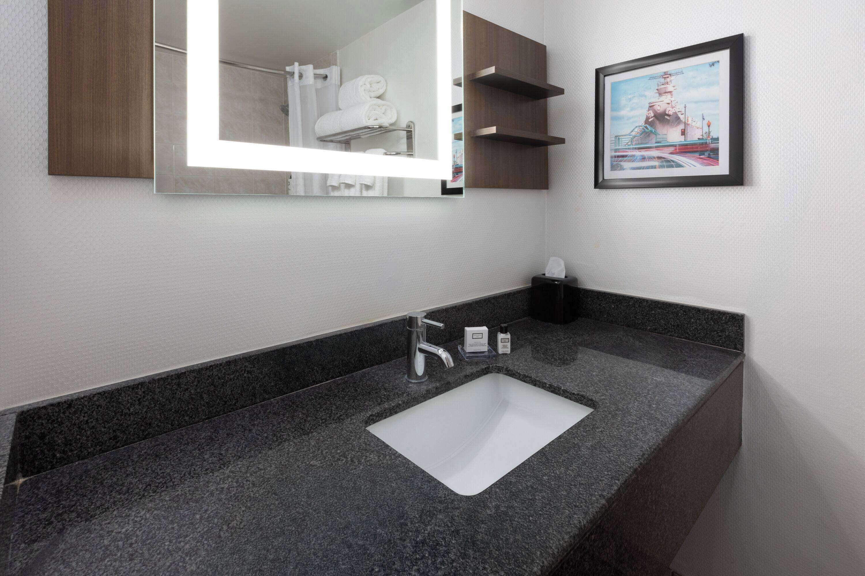 A modern bathroom with a granite countertop, a white sink, a large mirror, and a framed picture on the wall.