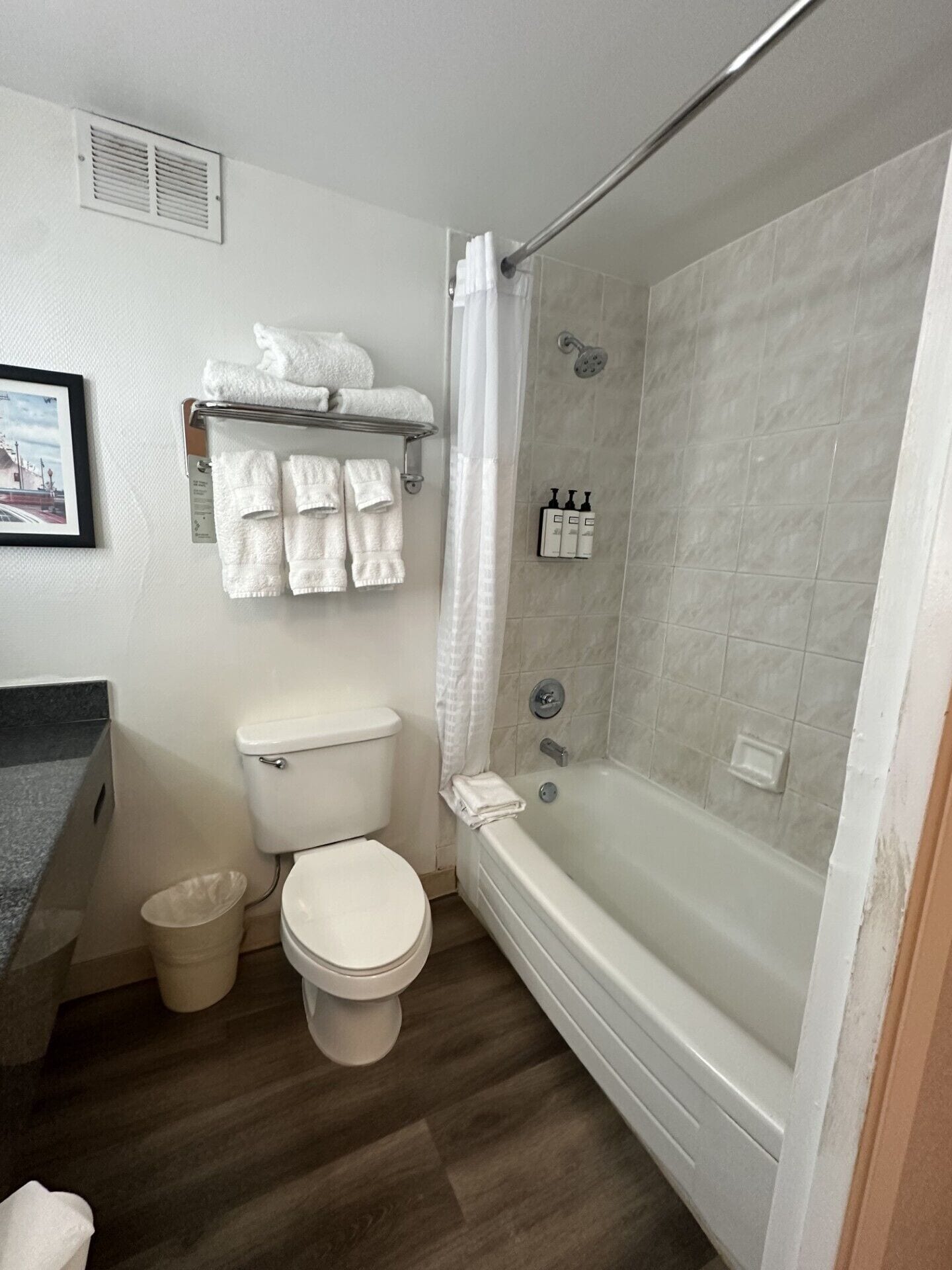 A bathroom with a toilet, sink, and bathtub. There are towels hanging on a rack and a shower curtain.