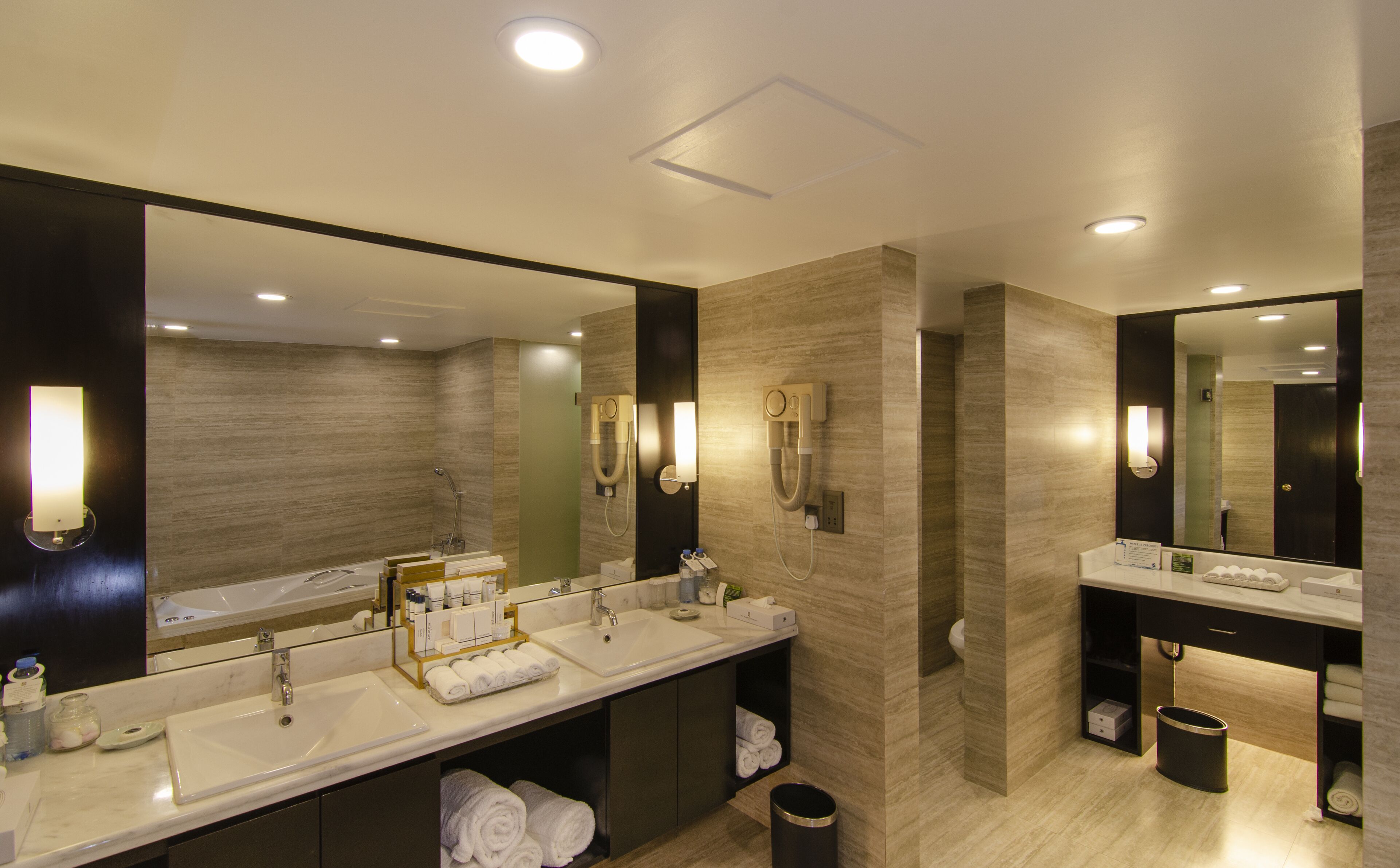 international suite | bathroom | combined shower/bathtub, free toiletries, hair dryer, bathrobes