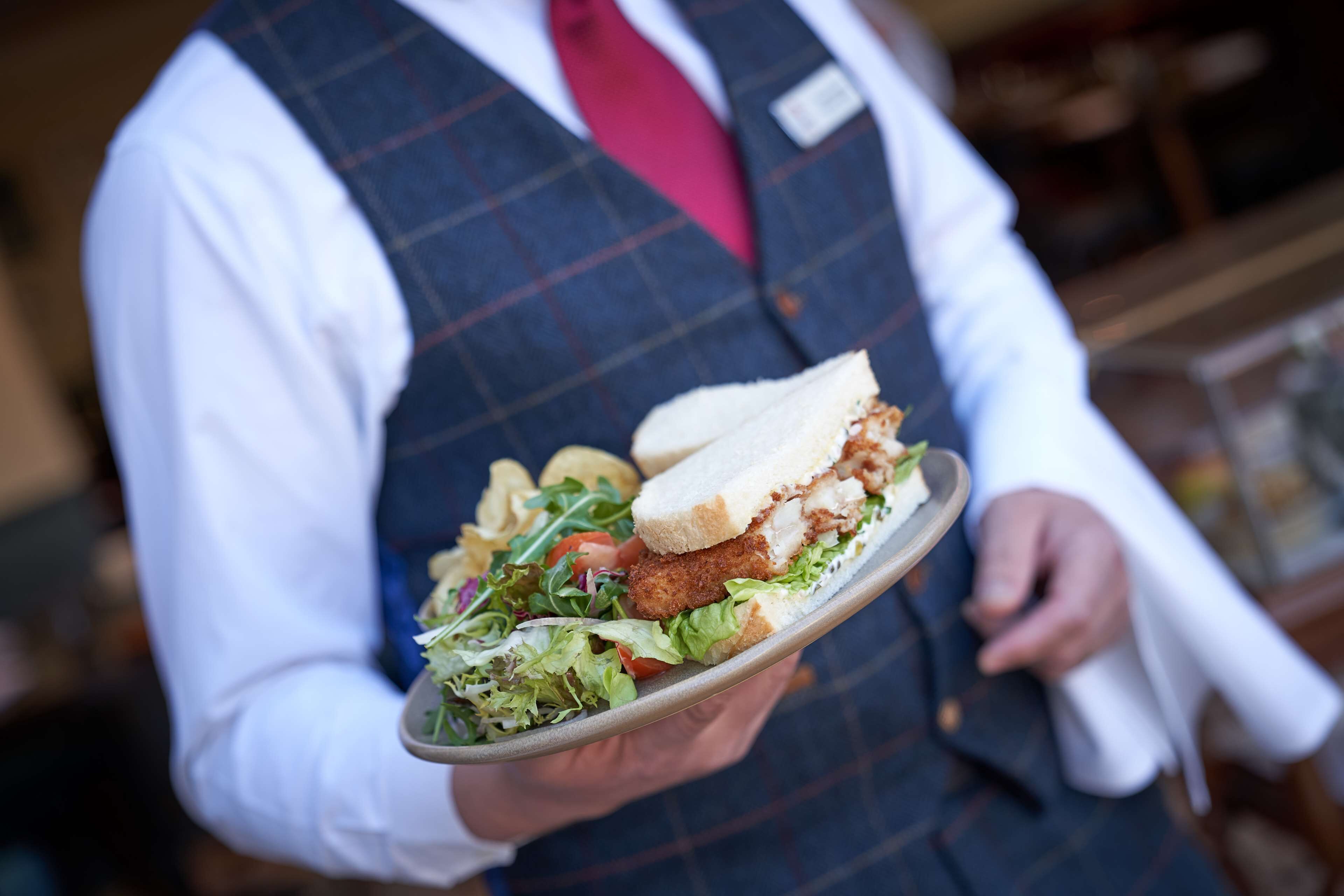Eine Person hält einen Teller mit einem Sandwich, Salat und Pommes.