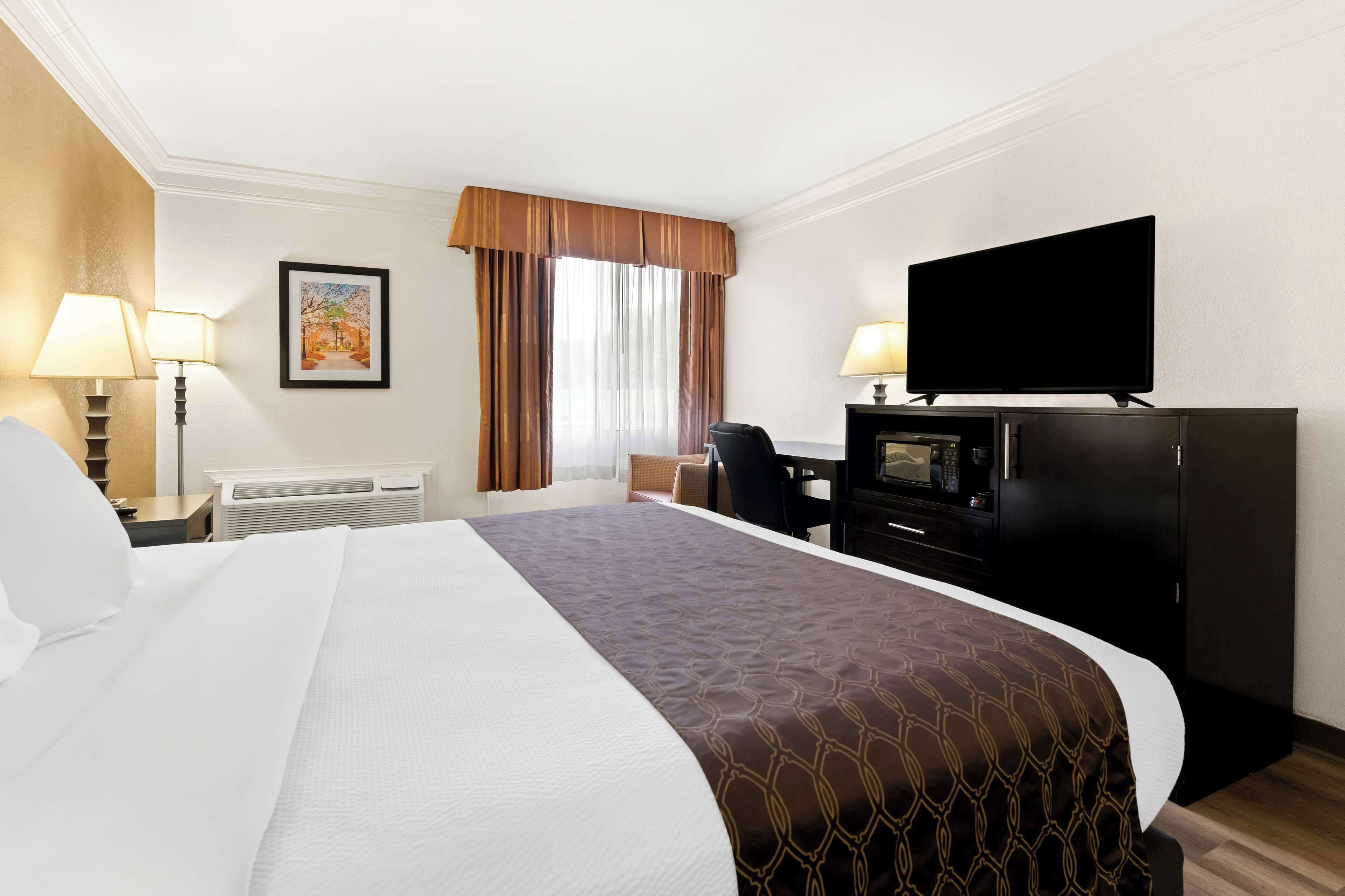Une chambre d’hôtel avec un grand lit, un téléviseur à écran plat, un bureau avec une chaise et une fenêtre avec des rideaux.