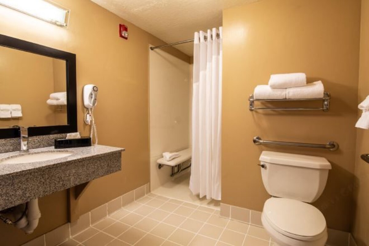 A bathroom with a sink, mirror, towel rack, shower, and toilet.