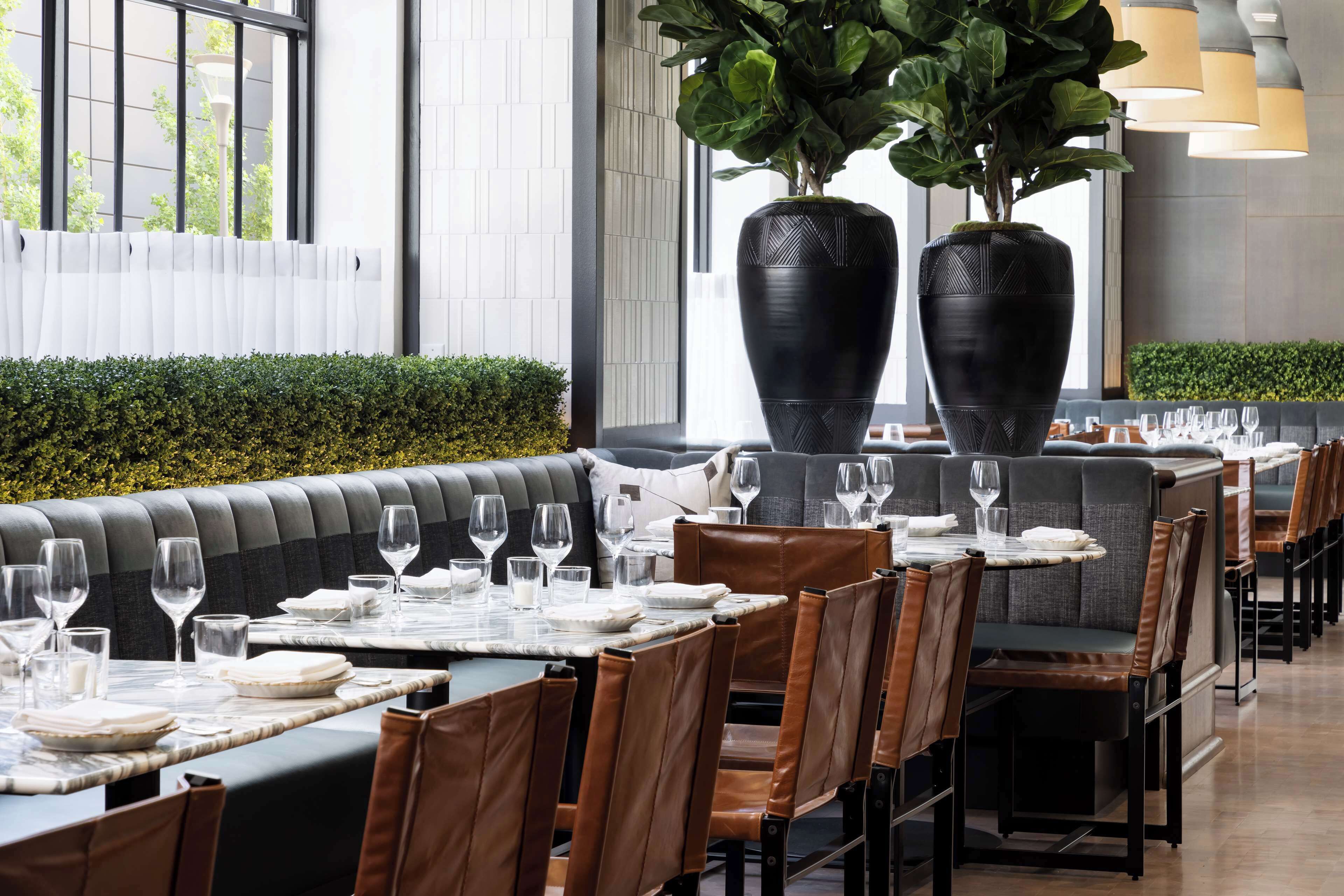 En restaurant med et langt spisebord, læderstole og store plantepotteplanter.