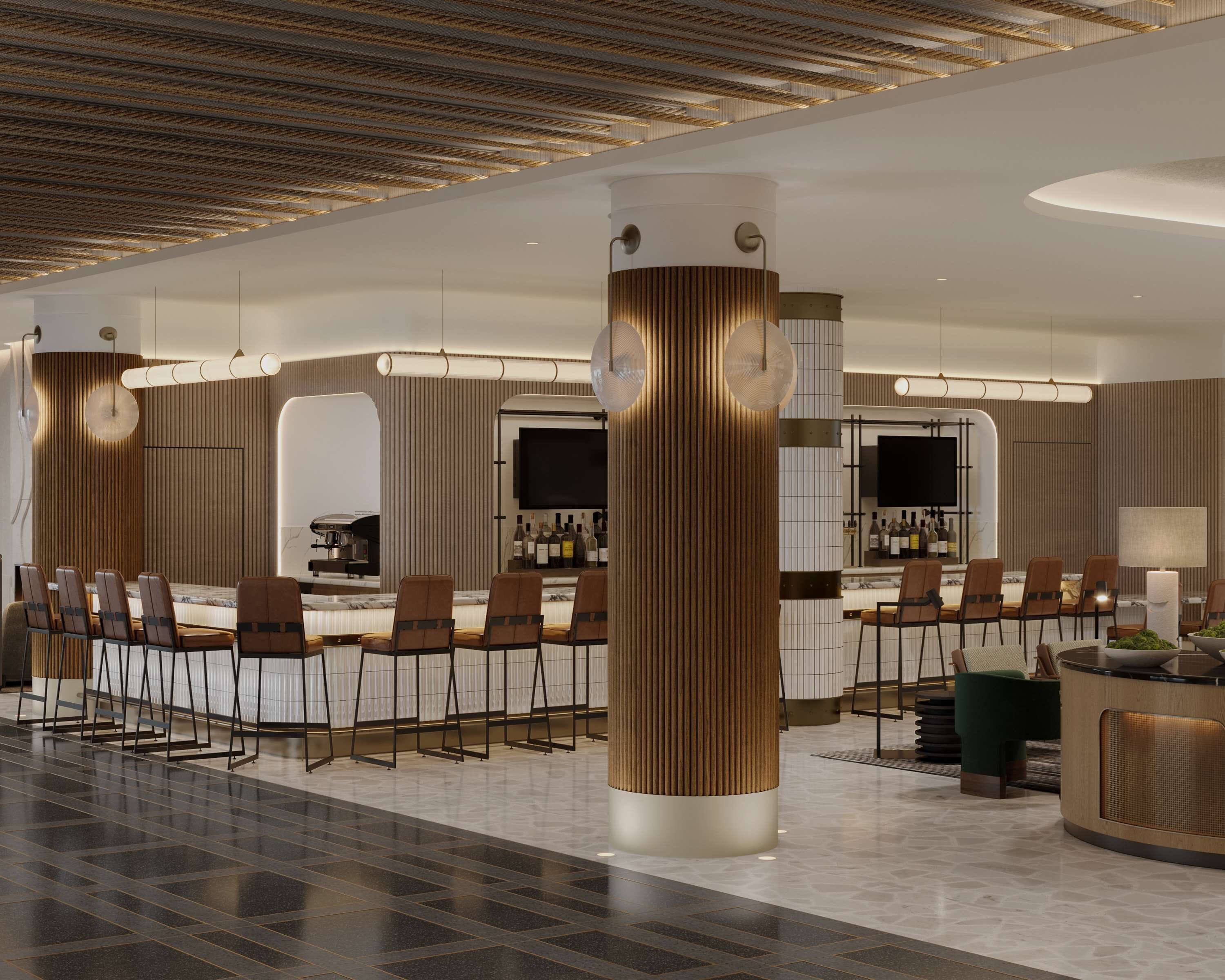 A modern hotel lobby with a bar area, seating arrangements, and a large pillar.