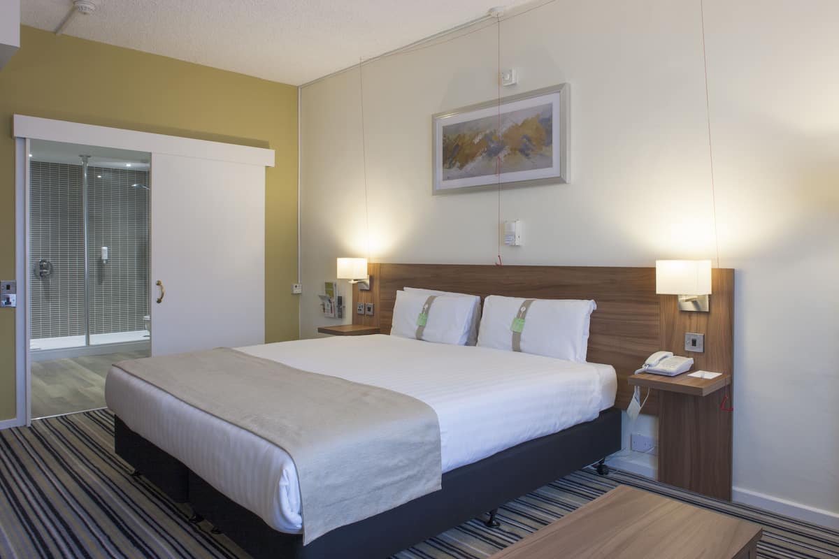 A hotel room with a large bed, bedside lamps, a telephone, and a painting on the wall.