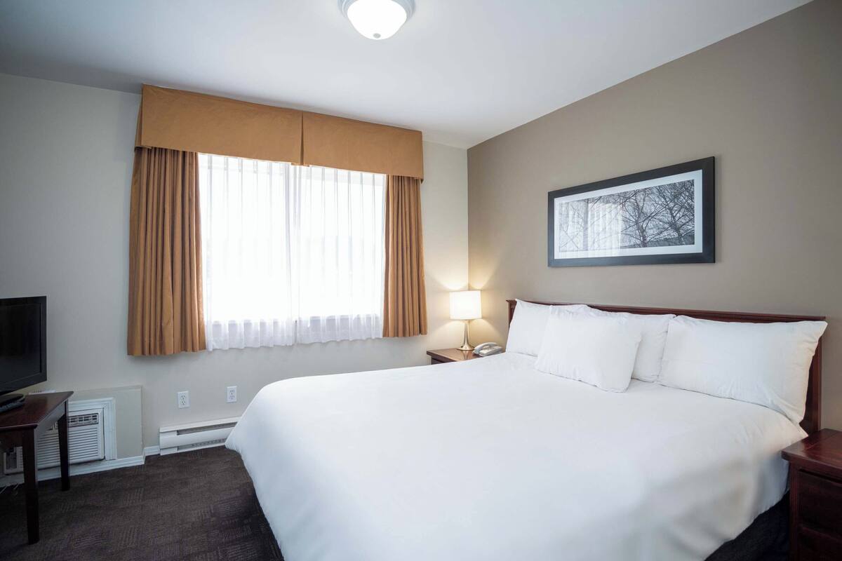 Hotelkamer met een groot bed, een televisie, nachtkastje, lamp en raam met gordijnen.
