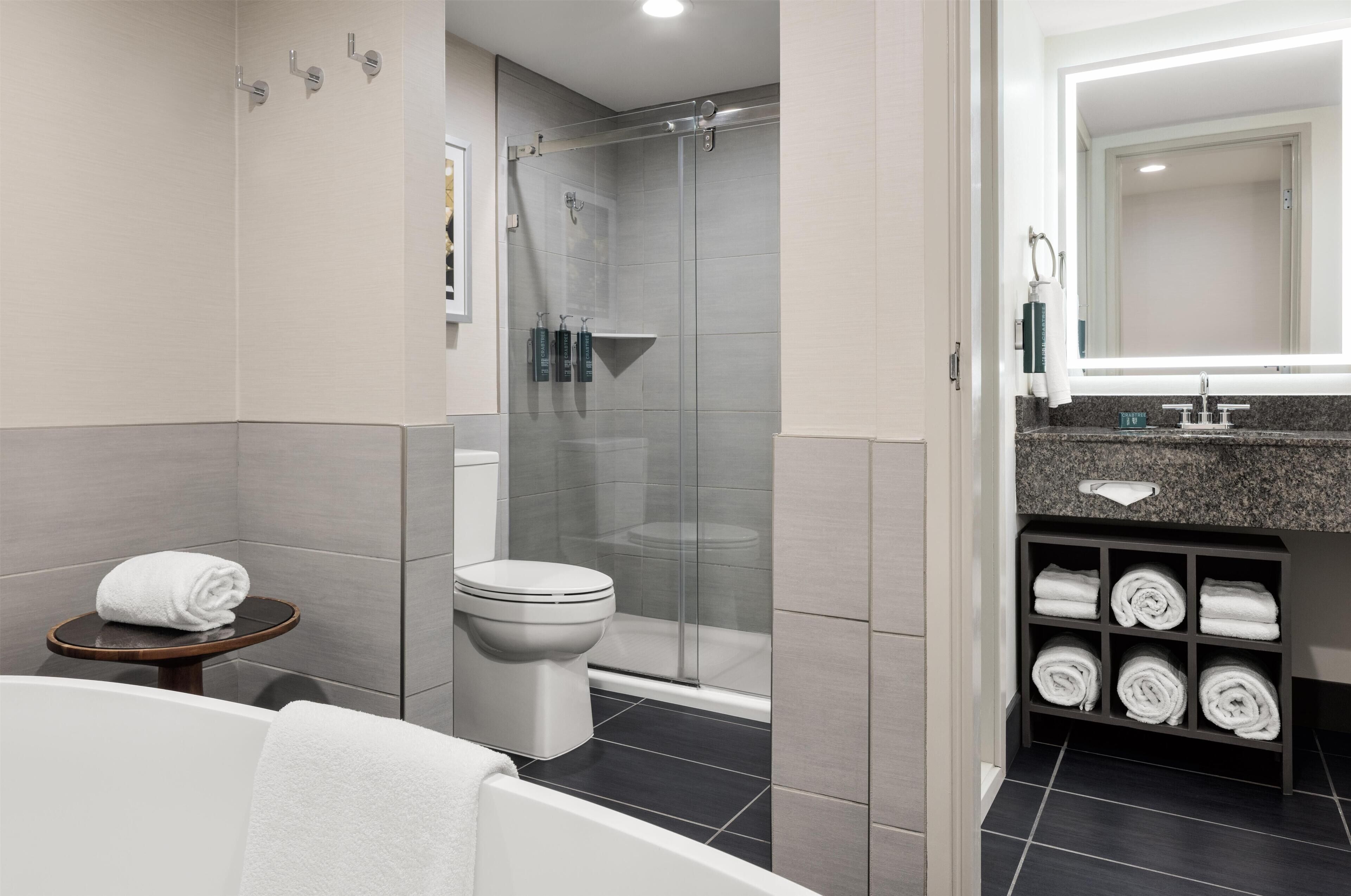 A modern bathroom with a glass-enclosed shower, a toilet, a bathtub, and a vanity with a towel rack.
