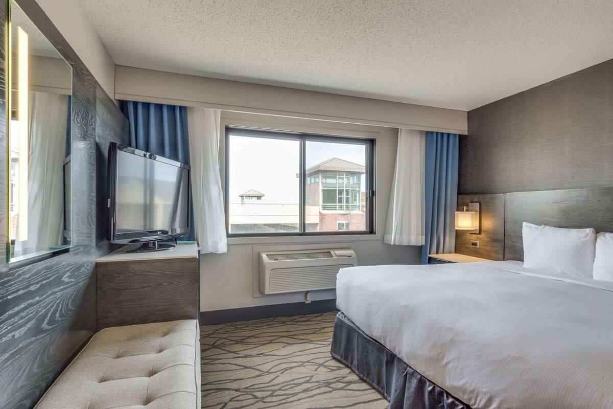 A hotel room with a bed, a television, a desk, a chair, a window with curtains, and a view of buildings outside.