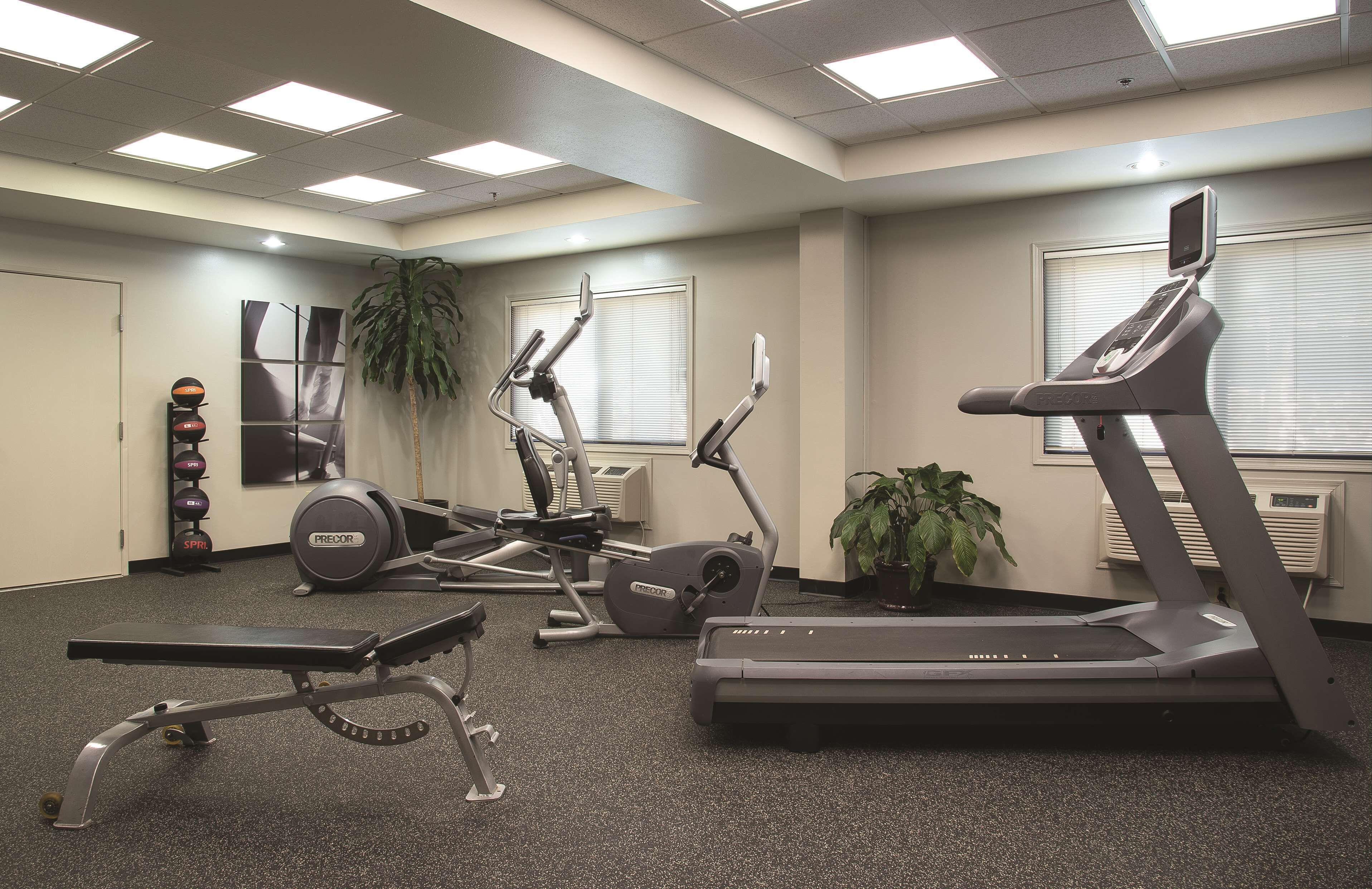 A gym with treadmills, a bench press, and a stationary bike.