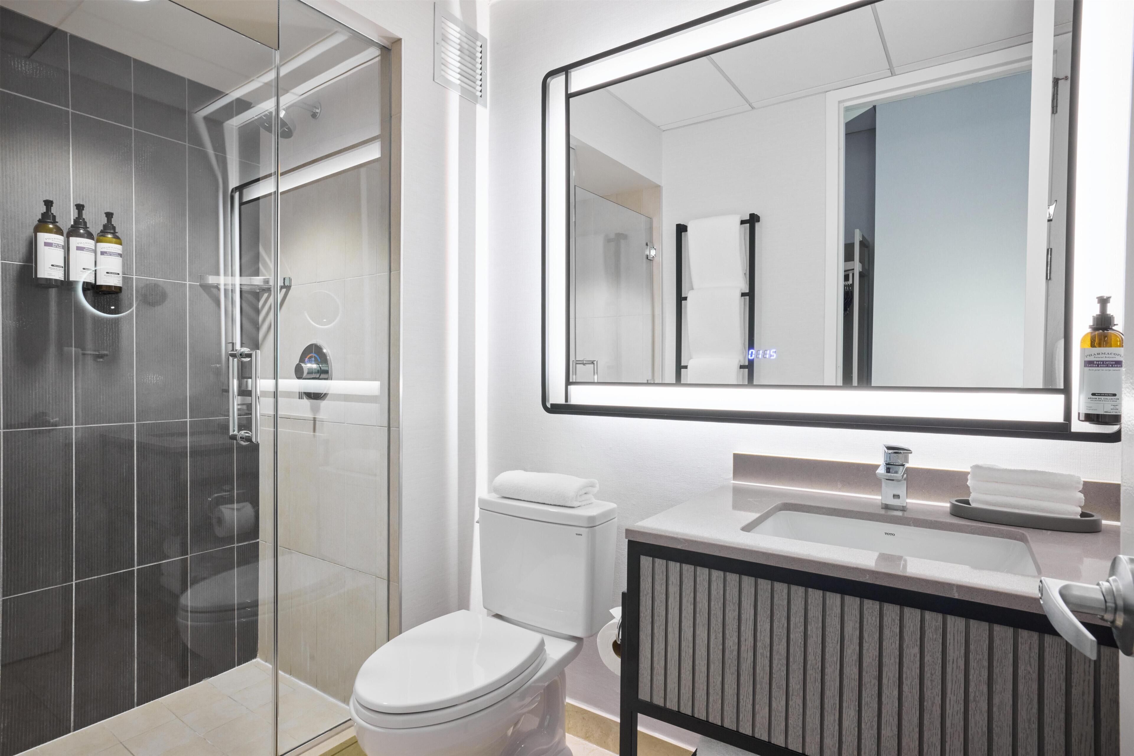 A modern bathroom with a glass-enclosed shower, a white toilet, and a large mirror above a sink.