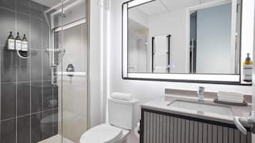 A modern bathroom with a glass-enclosed shower, a white toilet, and a large mirror above a sink.