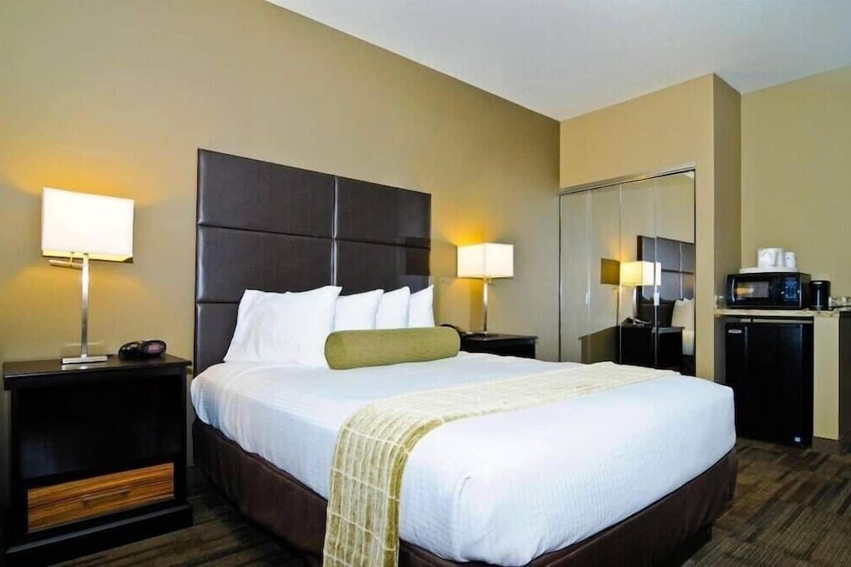 A hotel room with a large bed, two bedside tables, a mirror, a desk with a microwave, and a coffee machine.