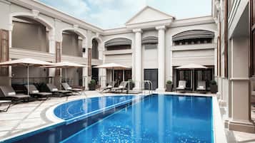 Outdoor pool, open 6:00 AM to 7:00 PM, pool umbrellas, sun loungers