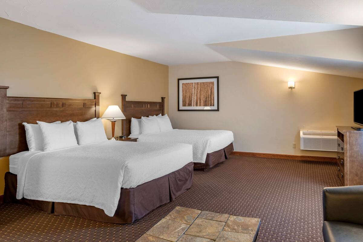 A hotel room with two beds, a desk, a chair, a TV, and a framed picture on the wall.