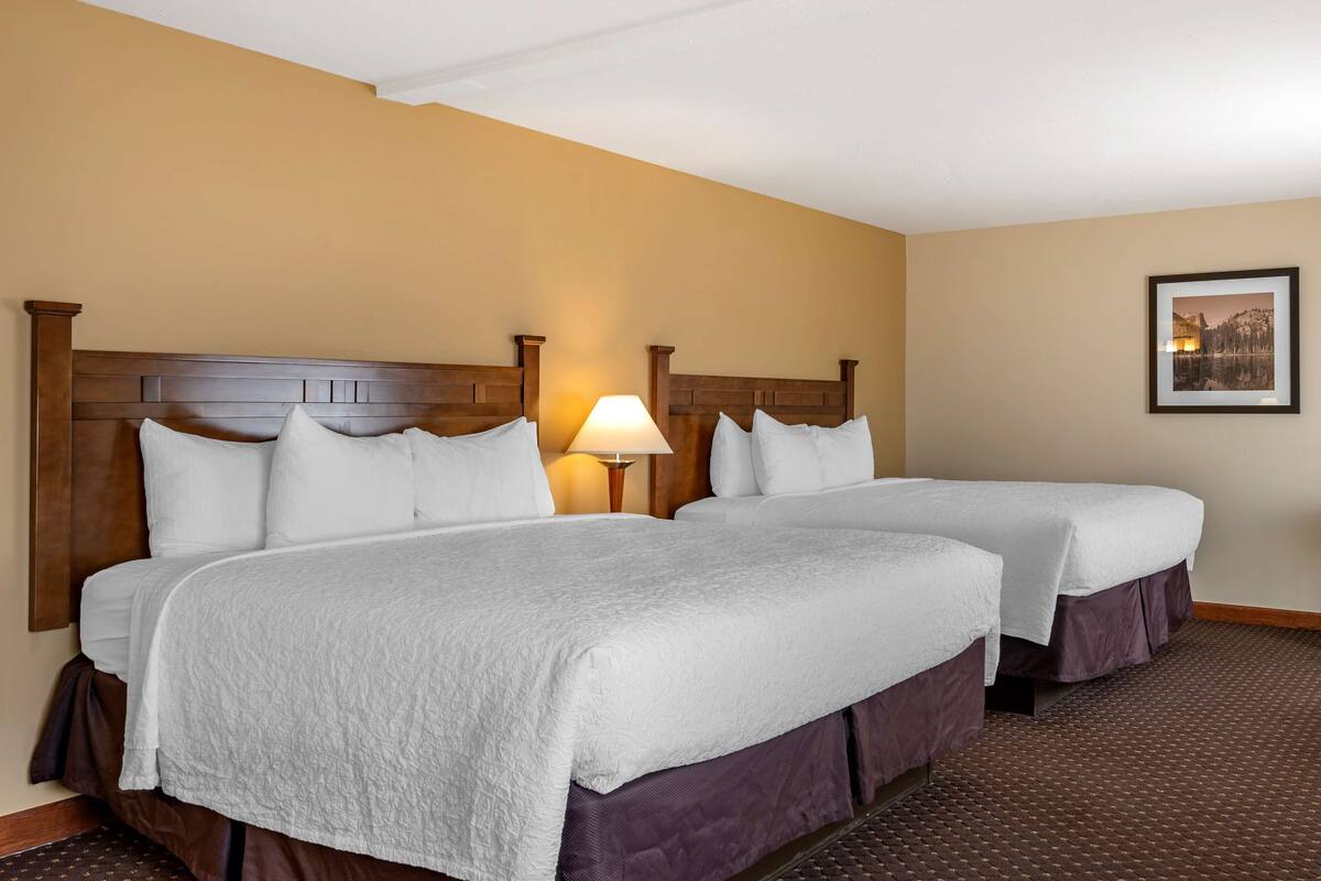 A hotel room with two beds, a wooden headboard, a nightstand with a lamp, and a framed picture on the wall.