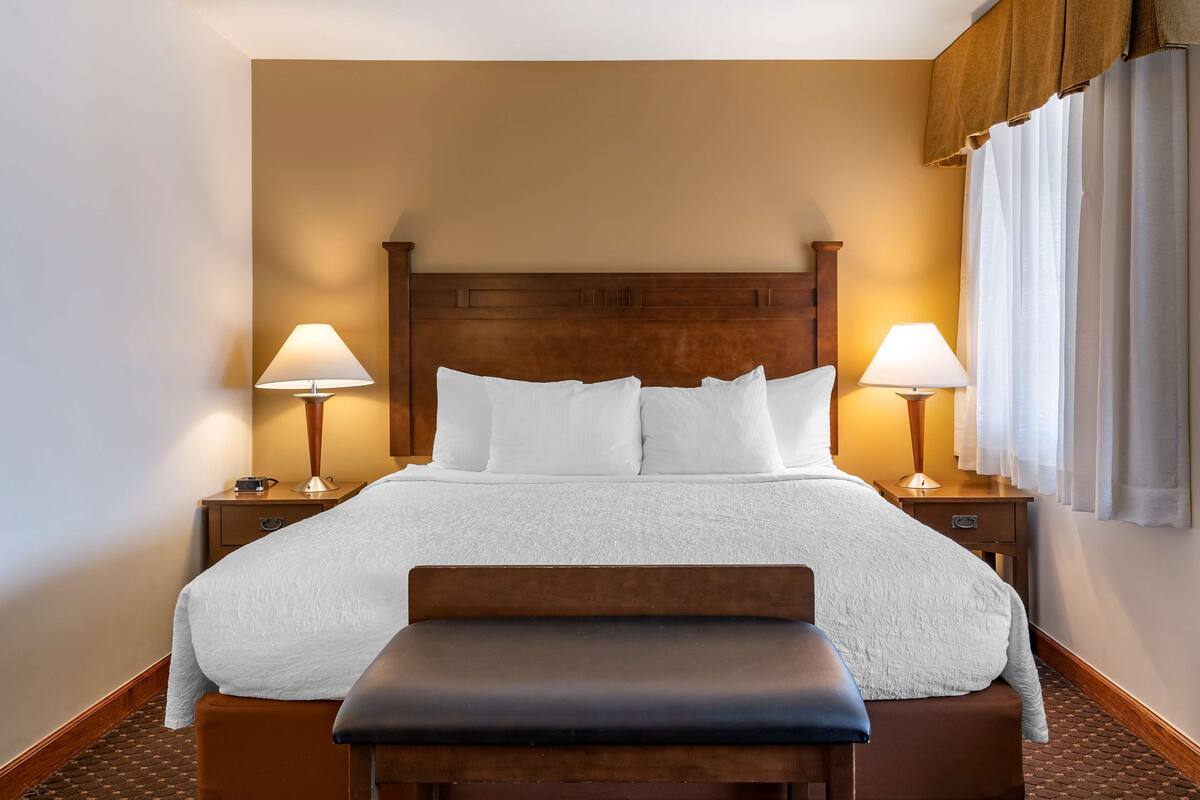 A hotel room with a large bed, two bedside tables with lamps, a bench at the foot of the bed, and a window with curtains.