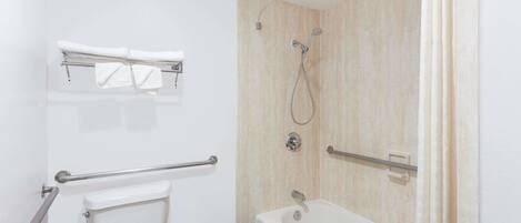 A bathroom with a toilet, a shower with a handheld showerhead, and a bathtub.