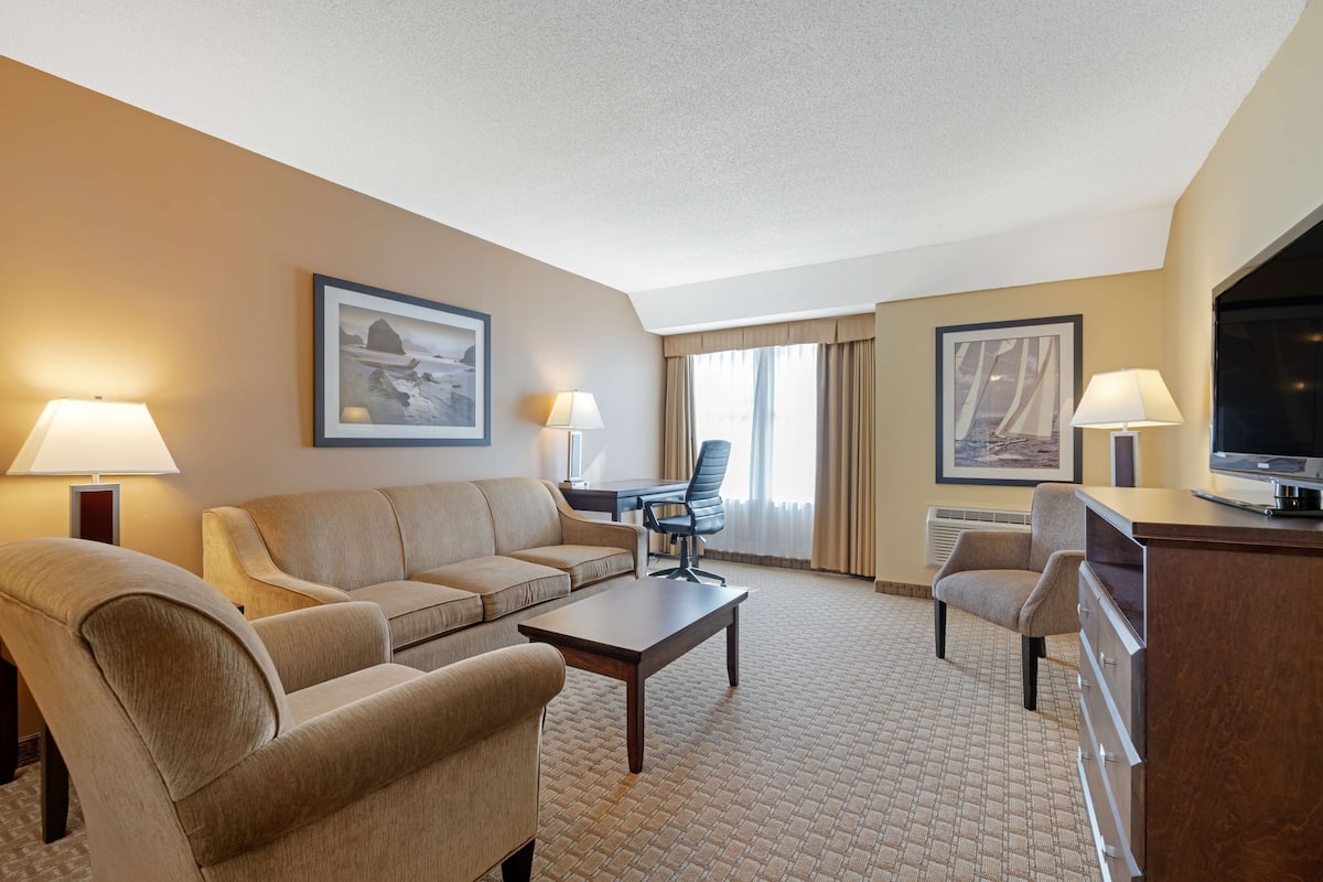 A hotel room with a sofa, armchair, desk, and television.