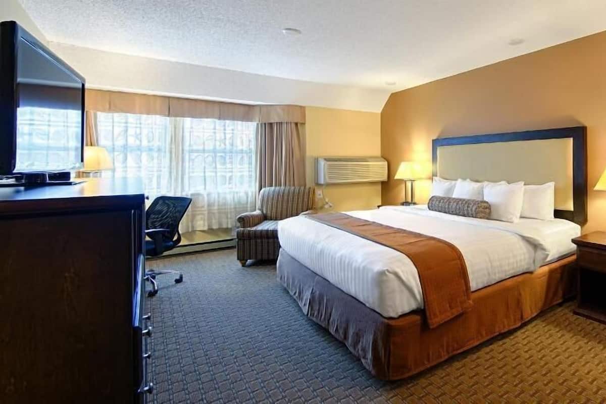 A hotel room with a bed, a desk, a chair, a TV, and a window with curtains.