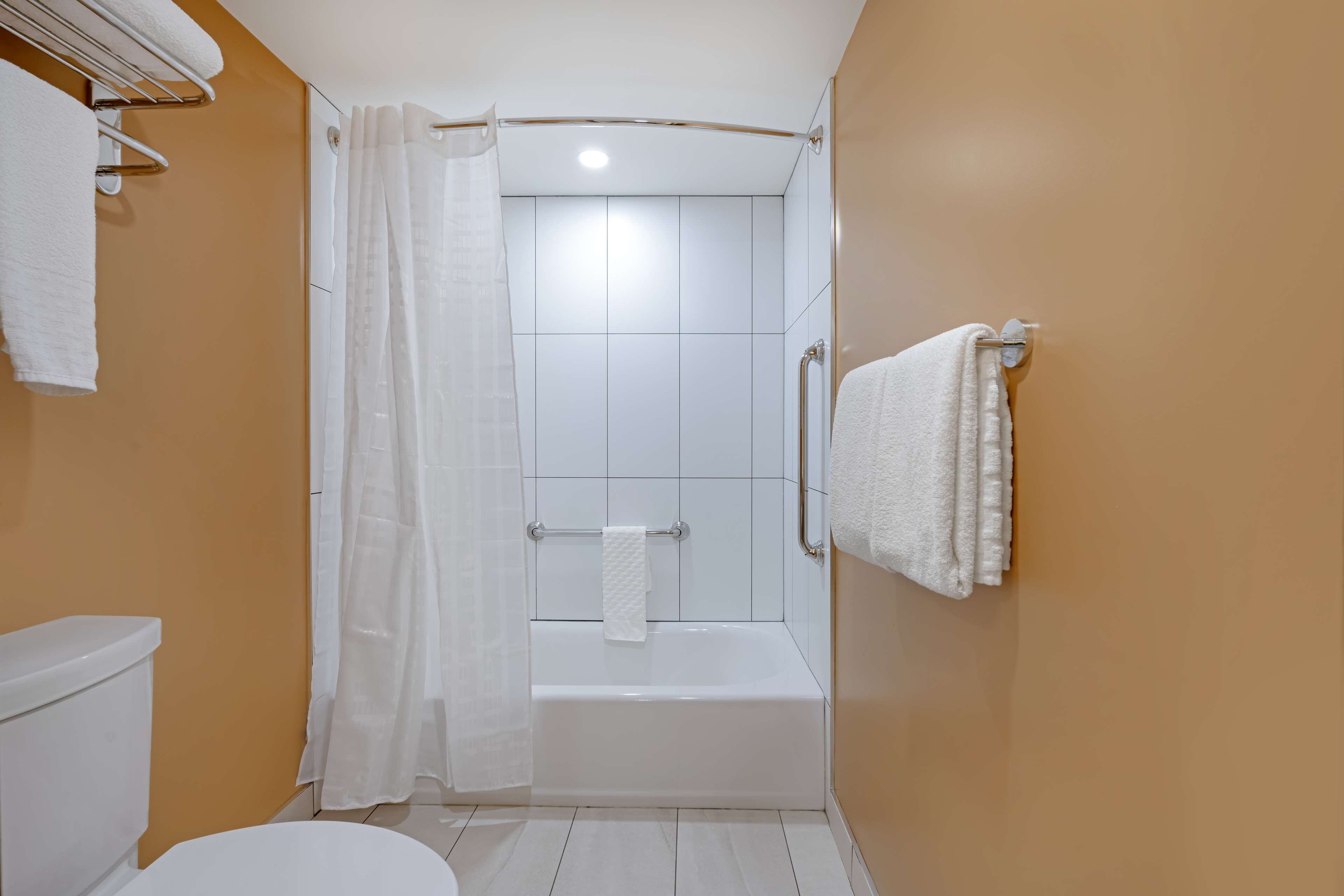 combined shower/bathtub, free toiletries, hair dryer, towels
