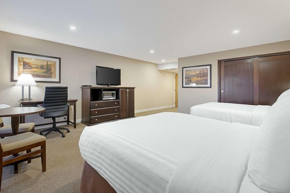 A hotel room with a bed, desk, chair, TV, and artwork on the walls.