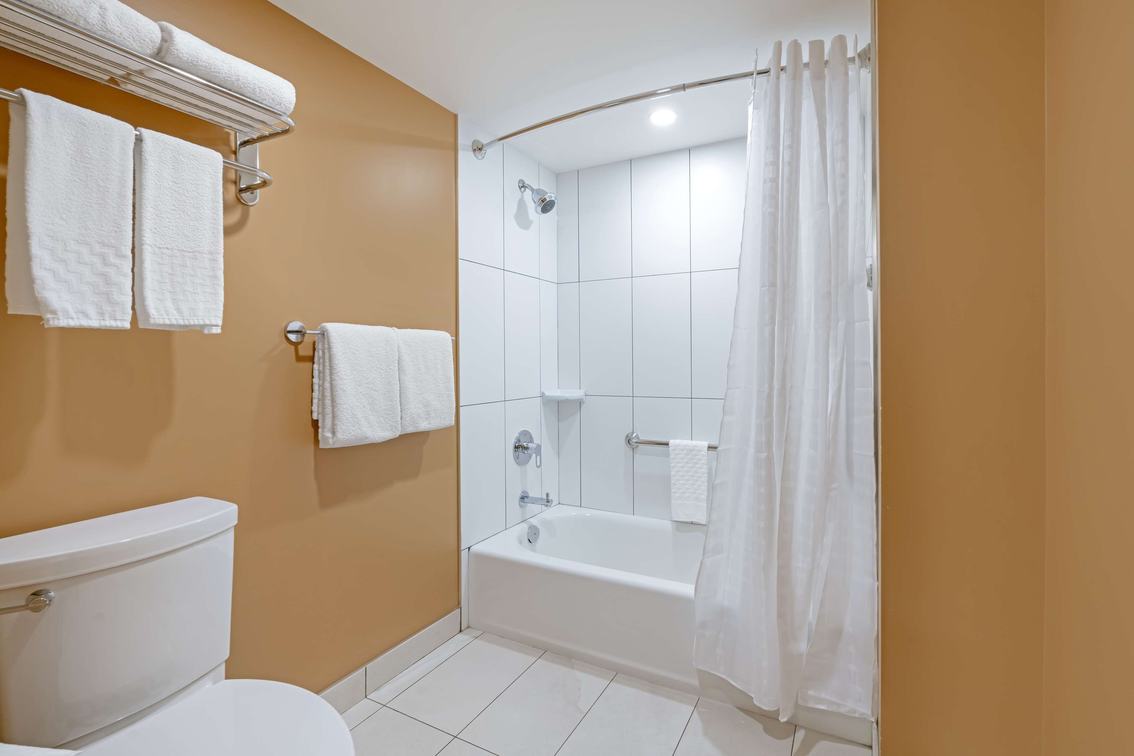 standard room, 1 king bed, non smoking, refrigerator & microwave | bathroom | combined shower/bathtub, free toiletries, hair dryer, towels