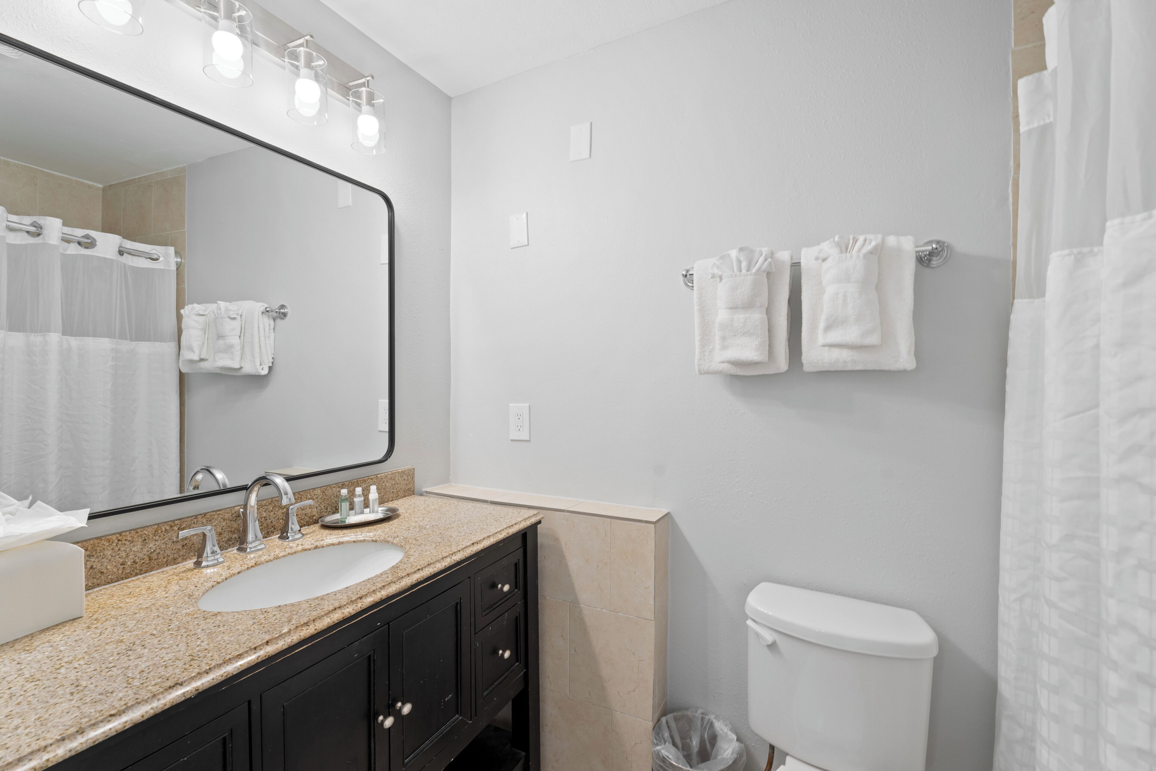 Un bagno con lavandino, specchio, porta asciugamani e water.