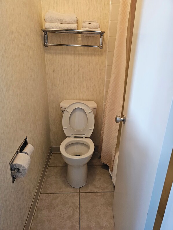 A small bathroom with a toilet, a towel rack above it, and a toilet paper holder to the left.