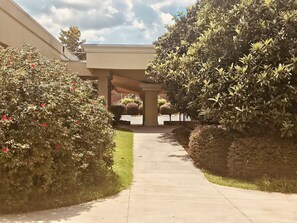 A pathway flanked by well-maintained bushes and a building with a covered walkway. - Quality Inn & Suites Conference Center Statesboro Historic District (Statesboro)