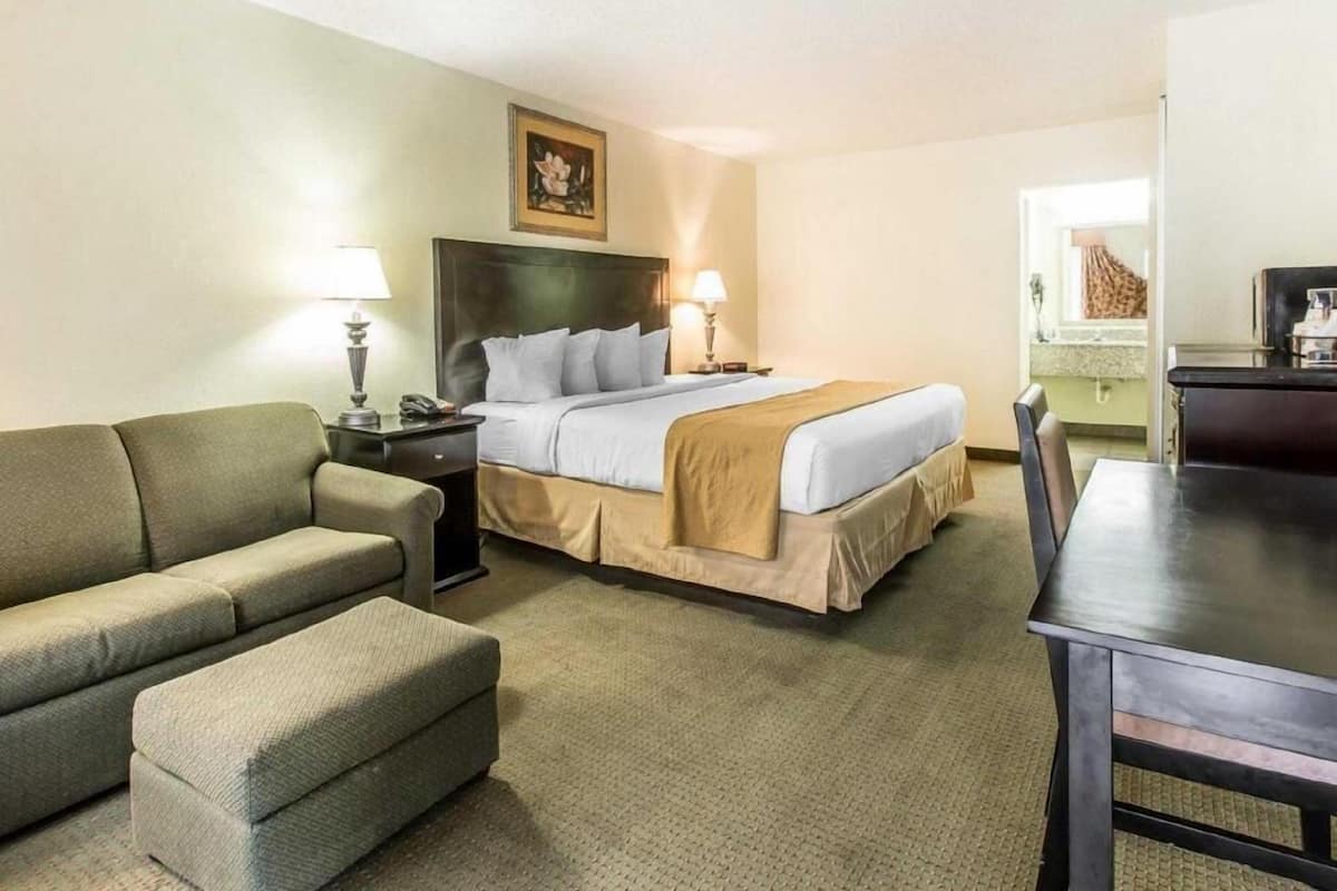 Una habitación de hotel con cama, sofá, escritorio y silla.