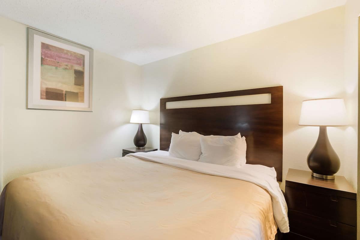 Habitación de hotel con una cama grande, dos mesitas de noche con lámparas y un cuadro en la pared.