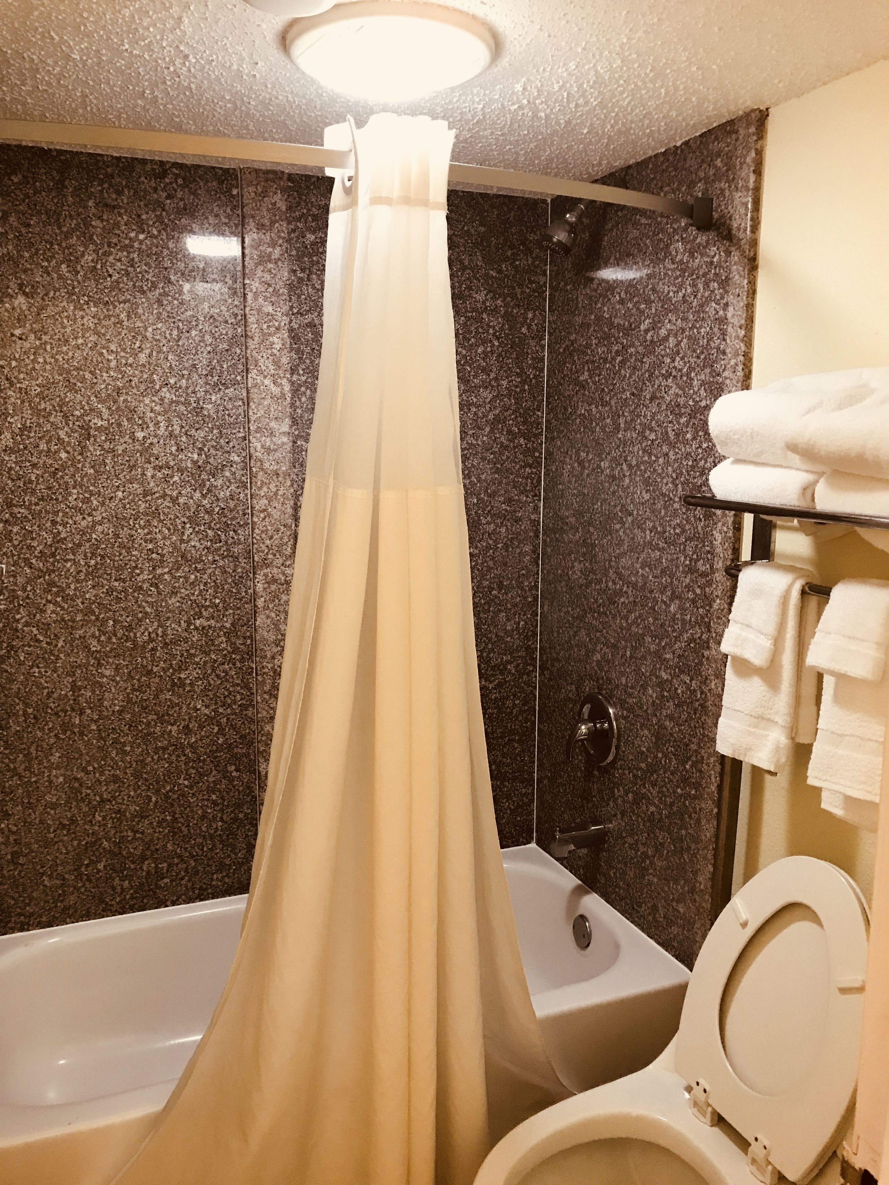 Ein Badezimmer mit Badewanne, Toilette und Duschvorhang.