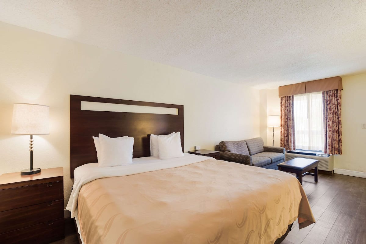 Habitación de hotel con una cama grande, un sofá, un escritorio y una lámpara.