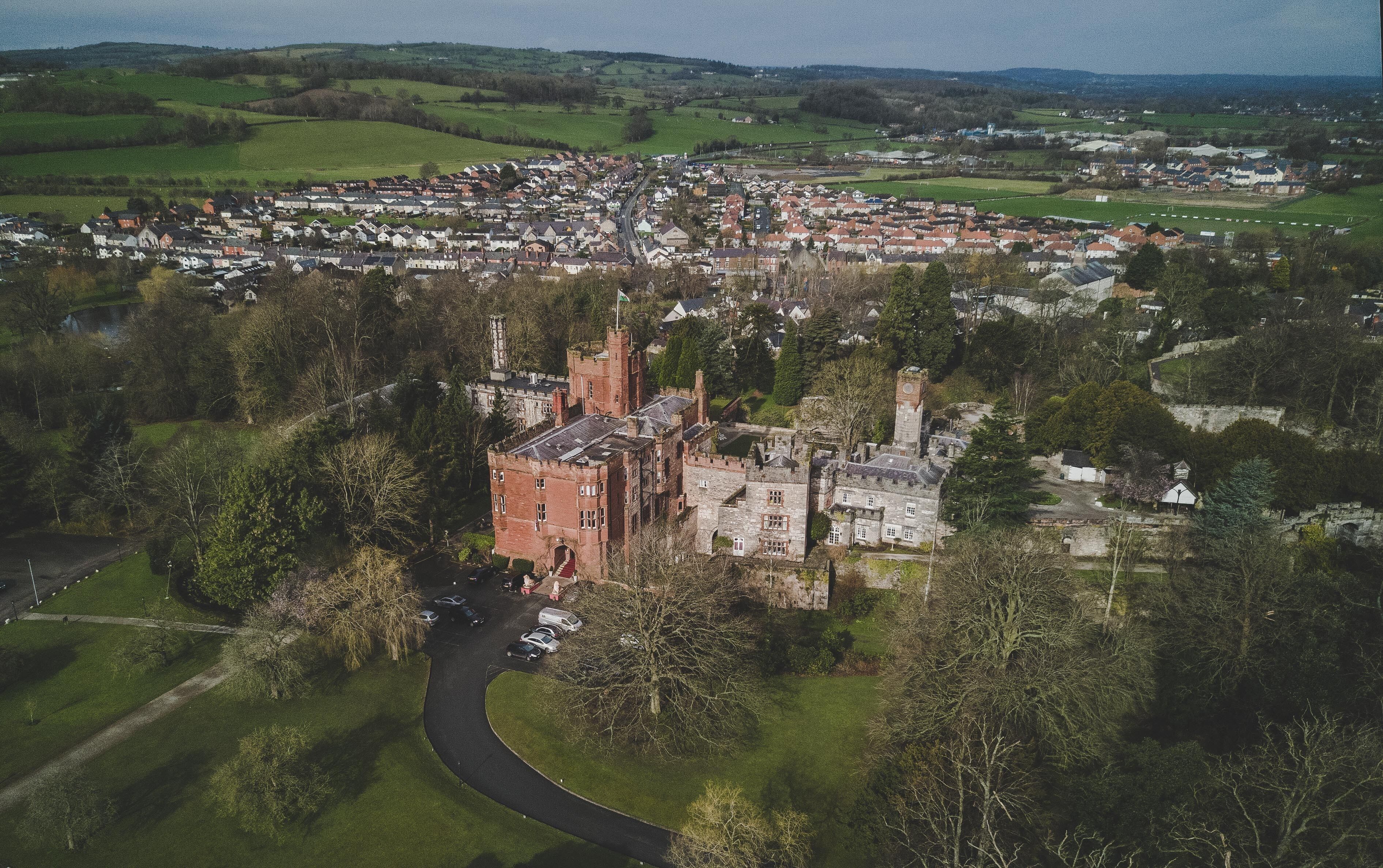 An aerial view of a historic town with a prominent castle surrounded by lush greenery and a residential area.