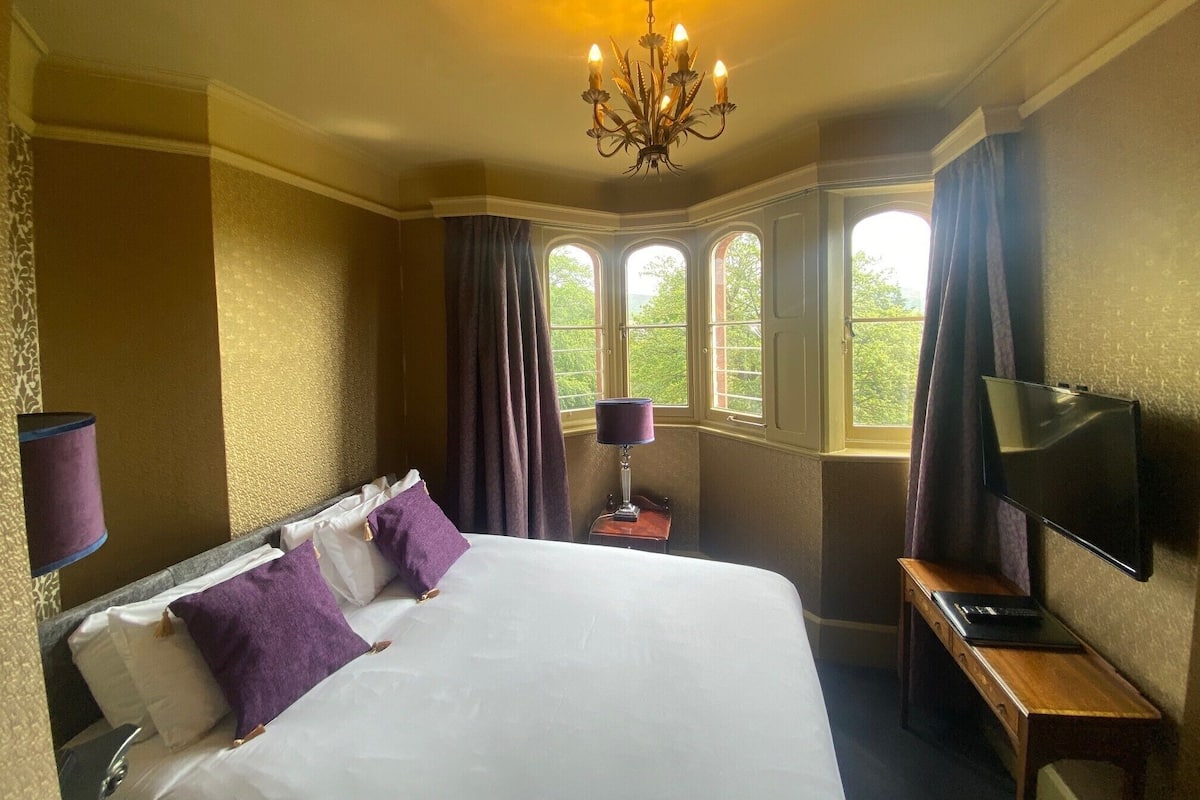 A hotel room with a large bed, a chandelier, a TV, and a window with curtains.