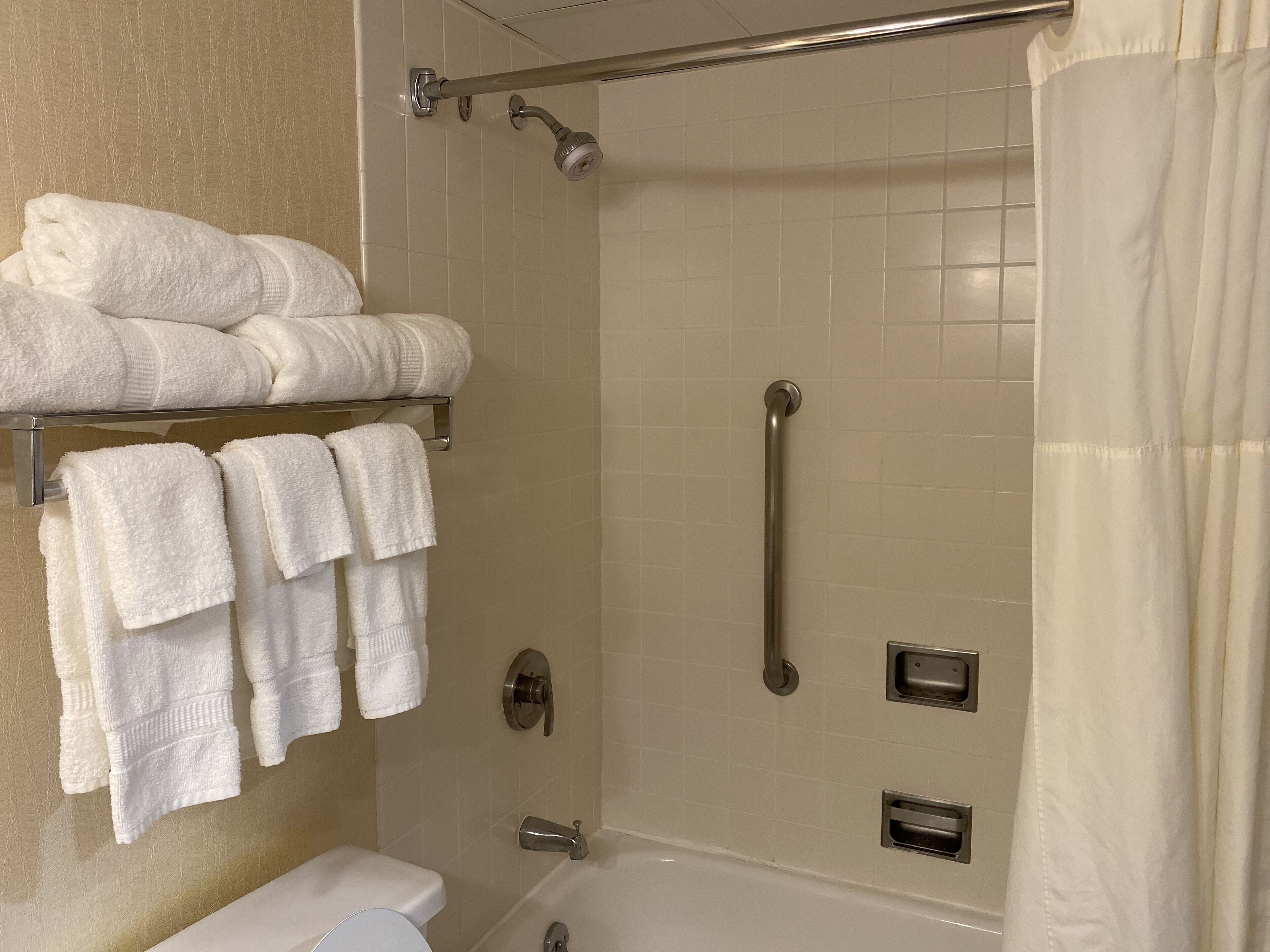 A bathroom with a toilet, a shower with a grab bar, and a towel rack with folded towels.
