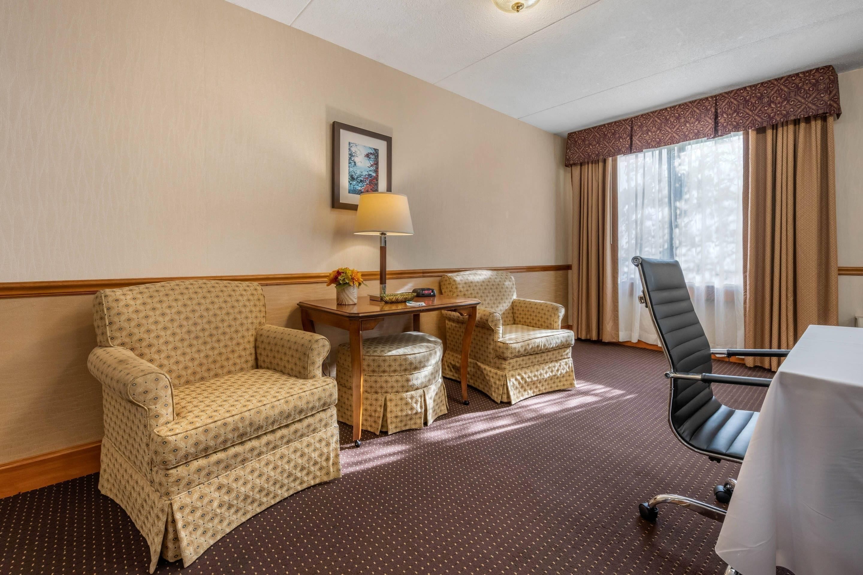 Habitación de hotel con un sillón estampado, un sillón más pequeño, una mesa con una lámpara y una silla de oficina negra.