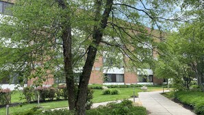 A landscaped courtyard with a pathway, trees, and a building with large windows in the background.
