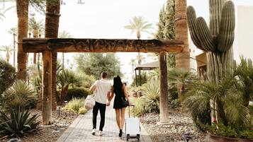 A couple walking under a wooden archway with the word 'RECEPTION' visible, surrounded by desert plants and cacti.