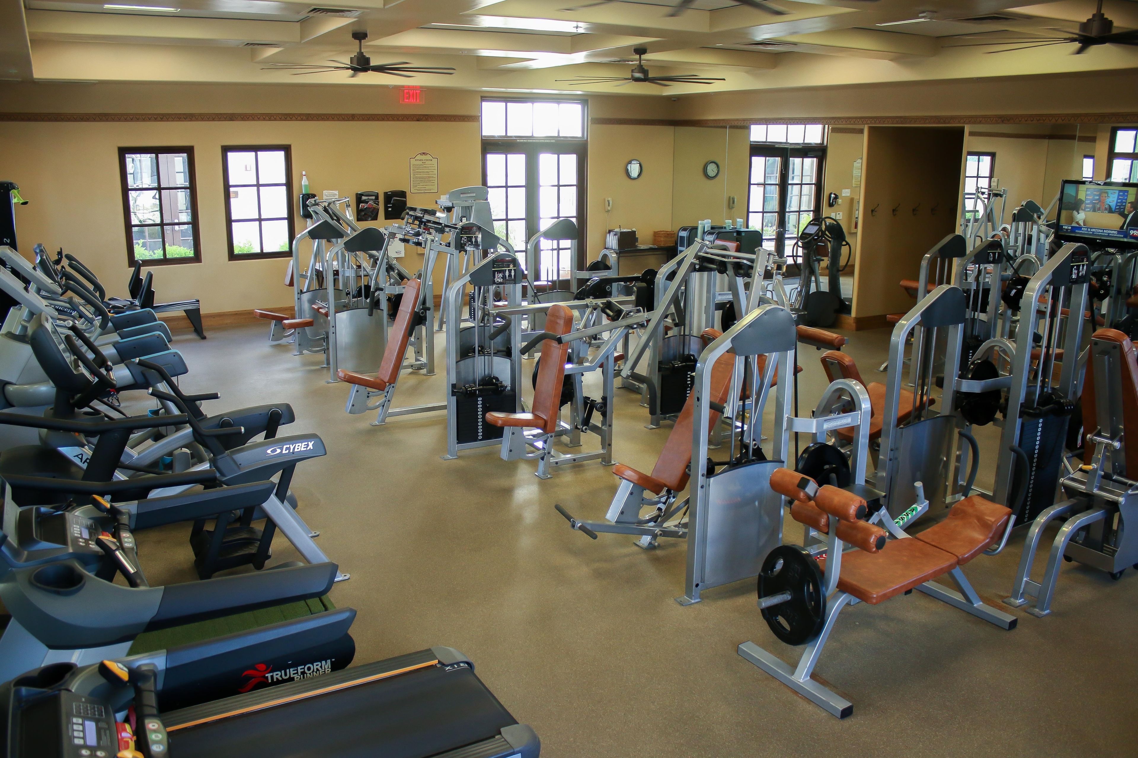 A gym with various exercise machines, treadmills, and weightlifting equipment.