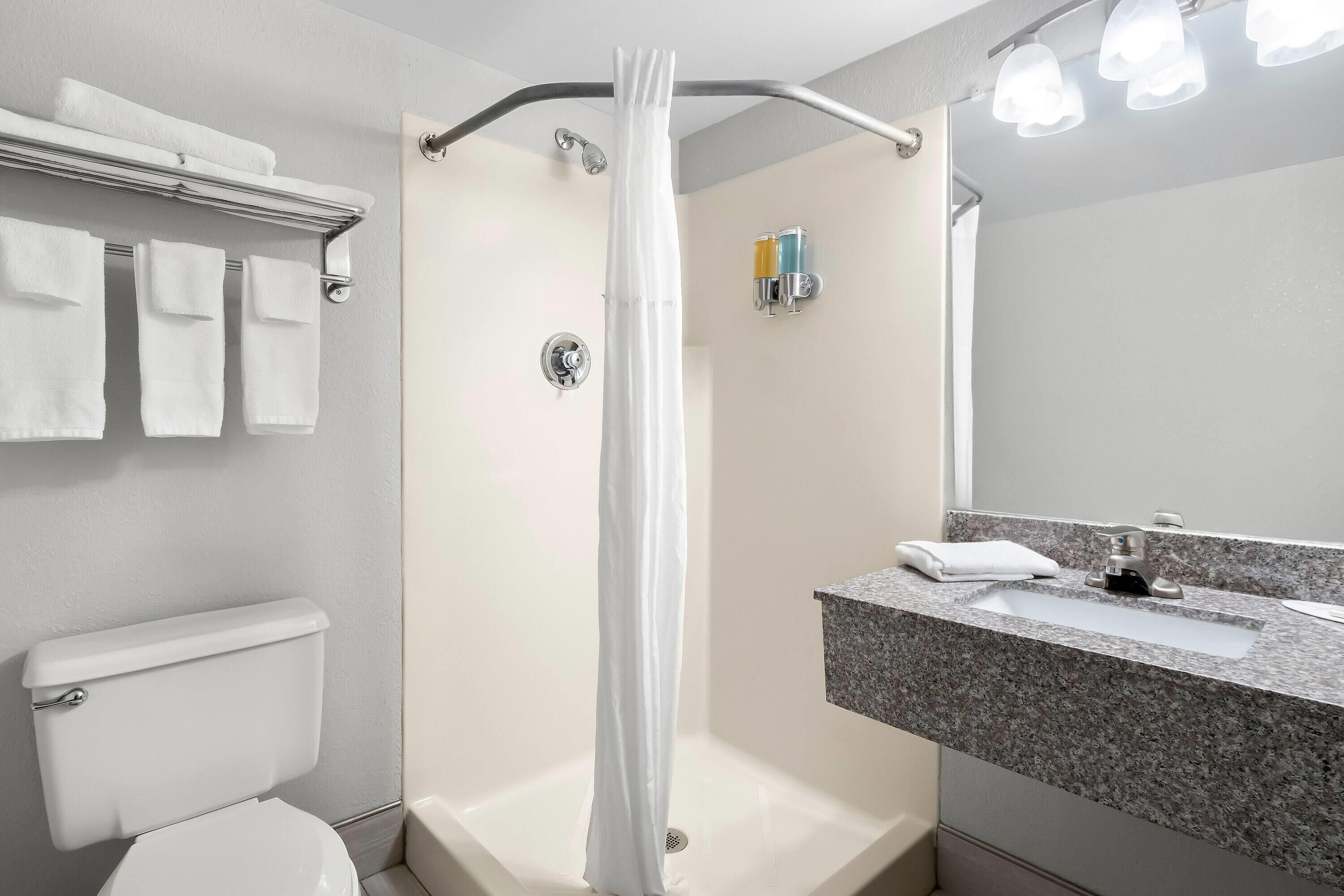 A modern bathroom with a shower, toilet, and sink.